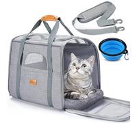 Morpilot Sac Transport Chat, Sac Transport Chien Respirant et Pliable, Caisse de Transport Chat avec Bandoulière Réglable, Cage Transport Chat avec Matelas en Peluche Amovible+Bol