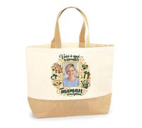 Sac Voici à Quoi Ressemble une Maman d'Exception Personnalisable avec Votre Photo | Cabas en Coton avec Fond Jute 18 L 48 × 37 × 13 cm | Marché Shopping Plage Courses | Cadeau Femme Anniversaire Noël