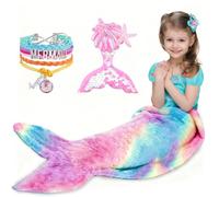 SACBRZZ Couverture Queue De Sirène,Brille dans Le Noir Queue De Sirene Enfant Fille,Flanelle Douce Couverture Enfant,Porter des Bracelets Et des Barrettes,Portable en Peluche pour Filles 140x60cm