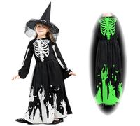 SACBRZZ Déguisement Sorcière Fille, In The Dark Luminous Deguisement Squelette Fille, avec Chapeau Sorciere Enfant, Squelette Costume Halloween Enfant Filles pour Fête des Morts, Carnaval (120 cm)