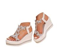 SACFOF Sandales compensées à talon haut pour femme - Avec strass - Motif papillon - Bout ouvert - Sangle élastique - Style bohème - Pour l'été et la plage