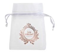 Sachet à dragées - Just Married - Blanc et rose gold - Organdi transparent - 7.5cm x 10cm - Lot de 6