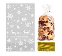 Sachet Biscuit Noel 100pcs, Sachets Transparents pour Biscuits 9.5 x 16 cm, Joyeux Noël Sachet Bonbon Gateau Chocolat Noël avec Torsadées pour Emballage Cadeau