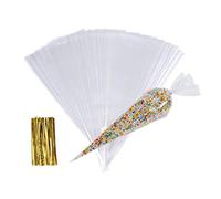 Sachet Bonbon,100 Pcs Transparent Cône Poche en Plastique avce 100 Liens Torsadés, Cellophane Emballage pour Bonbons, Biscuit, Cadeaux, Sac pour Mariage et Party, 13 * 25cm