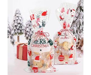 Sachet Bonbon de Noël pour Aliments - 60 Pcs Transparent pour Biscuits, Chocolat, Confiserie - Sachets en Plastique avec 200 Cravates pour La Fête