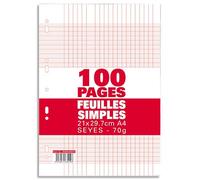 Sachet de 100 pages copies simples grand format A4 grands carreaux Seyès 70g perforées