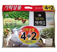 Sachet de 4 Olive Nokcha Gim+ 2 Jaerae Gim Junjang Grande Feuille D'Algue Assaisonnée - FEUILLE D'ALGUE ASSAISONNE THE VERT 20G x 4 + FEUILLE D'ALGUE ASSAISONNE TRADITIONNEL 20G x 2 (1)