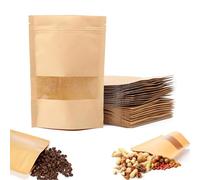 Sachet Kraft,50 Pièces Sachet Alimentaire 10 x 15 cm Sac Papier Kraft avec Fenetre Pochette Réutilisables Standable Zip Emballage pour Noix Nourriture Grains de Café