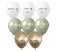 Sachets de 8 Ballons 'Communion' Blancs, Verts & Dorés - Dimensions : 30 x 30 cm