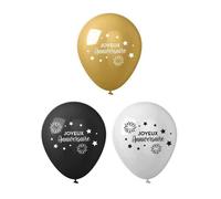 Sachets de 8 Ballons 'Joyeux Anniversaire' Noirs Blancs & Dorés - Dimensions : 30 x 30 cm