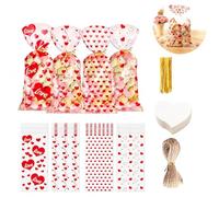 Sachets transparents réutilisables pour cadeaux de Saint-Valentin - 100 sacs + 100 étiquettes en forme de cœur + 20 m de corde, 13x27 cm, design romantique, idéal pour chocolats et bonbons