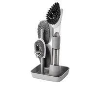 SacJkt Brosse Vaisselle avec Reservoir, Brosse a Vaisselle avec distributrice de Savon Manche et crémaillère, 4 en 1 brosses éponge et soies de Cuisine pour Le Lavage de la Vaisselle, Nettoyage(Gris)