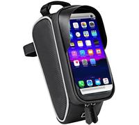Sacoche de cadre vélo avec support smartphone étanche - Fixation sur cadre par sangles avec scratchs (Velcro) - Dimensions de la poche de rangement : 190 x 90 x 85mm - Compatible saisie tactile - Pass