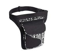 Sacoche De Jambe Moto Vintage Femmes Sac de Taille Pack Grand Capacité Fanny Tissu Patchwork Pochette Poche Filles Courroie réglable(Black)