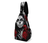 Sacoche Porté épaule Roses rouge, crâne de sucre mexicain, art du Jour des Morts Casual Sac Bandoulière Léger Sac à Dos Militaire pour Homme Femme Camping
