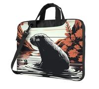 Sacoche pour ordinateur portable 14" avec bandoulière - Motif castor - Noir
