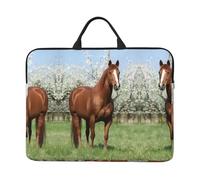 Sacoche pour ordinateur portable 14" avec poignée de transport - Motif cheval devant et arbres fleuris - Idéal pour les voyages d'affaires, les trajets et les voyages