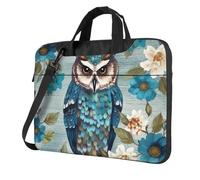 Sacoche pour ordinateur portable - Motif hibou et fleurs - Turquoise - Avec bandoulière, Noir/blanc, 15.6 inch