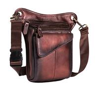 Sacoche Retro Sac de Jambe Moto Homme Cuir Véritable Sac Bandoulière pour Sports de Plein air Sac Banane Voyage Multi-Poches Imperméable Rouge Marron
