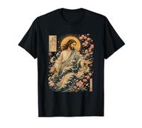 Sacré Jésus Christ Cœur Icône Ukiyo-e Vague Fleur de Cerisier T-Shirt