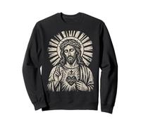 Sacré Jésus Couronne d'épines Cœur Vintage Gravure sur Bois Art Foi Sweatshirt