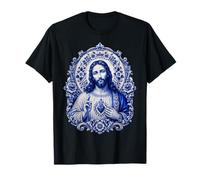 Sacré Jésus Cœur Bleu Floral Dévotion Icône Foi T-Shirt