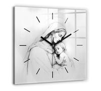 SacroArte Pointeurs Noir Carrée Motifs Bible Dieu Murale Fonctionnement Silencieux Cuisine pour Le Salon Horloge en Verre 60x60 cm - Illustration de Jésus Marie