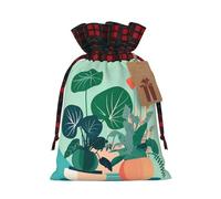 Sacs à cordon avec cordon de serrage, motif plante verte de dessin animé, sachets de vacances réutilisables pour emballage et rangement S