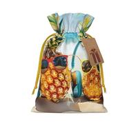 Sacs à cordon de serrage imprimés avec deux ananas sur la plage pour emballage cadeau de Noël, ruban de Noël jaune, taille M