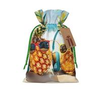 Sacs à cordon de serrage imprimés avec deux ananas sur la plage pour emballage cadeau de Noël, ruban de Noël vert, taille S