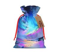 Sacs à cordon de serrage imprimés avec peinture aurores boréales pour fête de Noël, ruban rouge, taille S