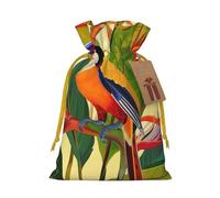 Sacs à cordon de serrage imprimés oiseaux tropicaux de paradis pour emballage cadeau de Noël, ruban de Noël jaune, taille S