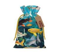 Sacs à cordon de serrage imprimés poissons colorés pour emballage cadeau de Noël, ruban de Noël jaune, S