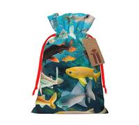 Sacs à cordon de serrage imprimés poissons colorés pour emballage cadeau de Noël, ruban rouge, S