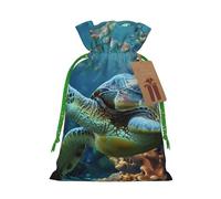 Sacs à cordon de serrage imprimés tortue de mer avec poissons pour emballage cadeau de Noël, ruban de Noël vert, S