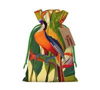 Sacs à cordon imprimé oiseau de paradis tropical pour emballage cadeau de Noël, ruban de Noël vert, taille M