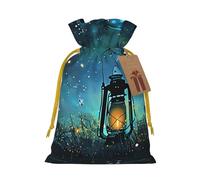 Sacs à cordon imprimés lucioles et lanternes pour emballage cadeau de Noël, ruban de Noël jaune, taille S