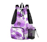 Sacs à cordon pour homme et femme - Sac de sport avec poche pour bouteille d'eau - Séparation sèche et humide - Fleurs violettes et blanches