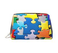 Sacs à cosmétiques en cuir imprimé cœur bleu layette, petite trousse de maquillage pour sac à main, pochette cosmétique, pochette de toilette pour femme voyage, Puzzle de sensibilisation à l'autisme