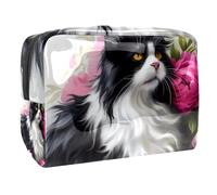 Sacs À Cosmétiques pour Femmes Chat avec Fleurs Épanouies Trousse De Maquillage Trousse De Toilette De Voyage Organisateur De Cosmétiques 18.5x7.5x13cm