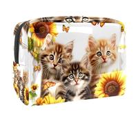 Sacs À Cosmétiques pour Femmes Chats Mignons, Tournesols Et Papillons Trousse De Maquillage Trousse De Toilette De Voyage Organisateur De Cosmétiques 18.5x7.5x13cm