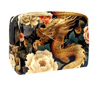 Sacs À Cosmétiques pour Femmes Dragon Doré Fleurs en Fleurs Trousse De Maquillage Trousse De Toilette De Voyage Organisateur De Cosmétiques 18.5x7.5x13cm