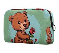 Sacs À Cosmétiques pour Femmes Ourson Mignon Qui Tient Une Fleur De Rose Trousse De Maquillage Trousse De Toilette De Voyage Organisateur De Cosmétiques