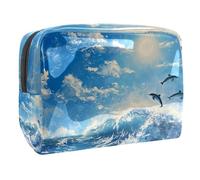 Sacs À Cosmétiques pour Femmes Vagues De L'océan - Dauphins Trousse De Maquillage Trousse De Toilette De Voyage Organisateur De Cosmétiques 18.5x7.5x13cm