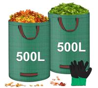Sacs à Déchets de Jardin 2X500L Sacs de Jardin Réutilisables avec Poignées, Sacs Robustes pour la Collecte de Feuilles avec 2pcs Gants Sac à Déchets de Jardinage pour Ramasse Feuilles Mortes