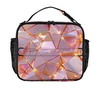 Sacs à déjeuner pour adultes étanches avec bandoulière et porte-bouteille, sac fourre-tout isotherme pour l'école, le travail, l'extérieur, motif polygone irrégulier brillant, design or rose
