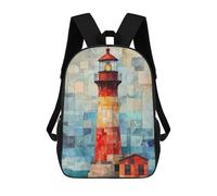 Sacs À Dos Scolaires Pour Enfants, Imprimés En 3D, Jolis Sacs De Voyage Lighthouse Watercolor Art Patchwork Lighthouse at Sunset Sacs À Dos Décontractés Pour Enfants, Pour Filles Et Femmes 17inch