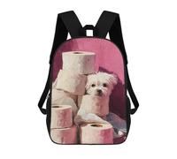 Sacs À Dos Scolaires Pour Enfants, Imprimés En 3D, Jolis Sacs De Voyage Maltese Dog with Toilet Paper Painting Bathroom Wall Art Sacs À Dos Décontractés Pour Enfants, Pour Filles Et Femmes 17inch