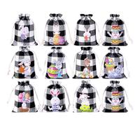 Sacs à friandises de Pâques | 12 pièces avec imprimé lapin festif avec cordon de serrage | Sac en toile de jute, pour vacances, mariage, demoiselle d'honneur, collègues, invités, Noël, Pâques