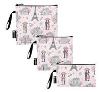 Sacs à goûter et à sandwich réutilisables roses romantiques Tour Eiffel avec fermeture éclair pour enfants et adultes (lot de 3 : S/M/L)